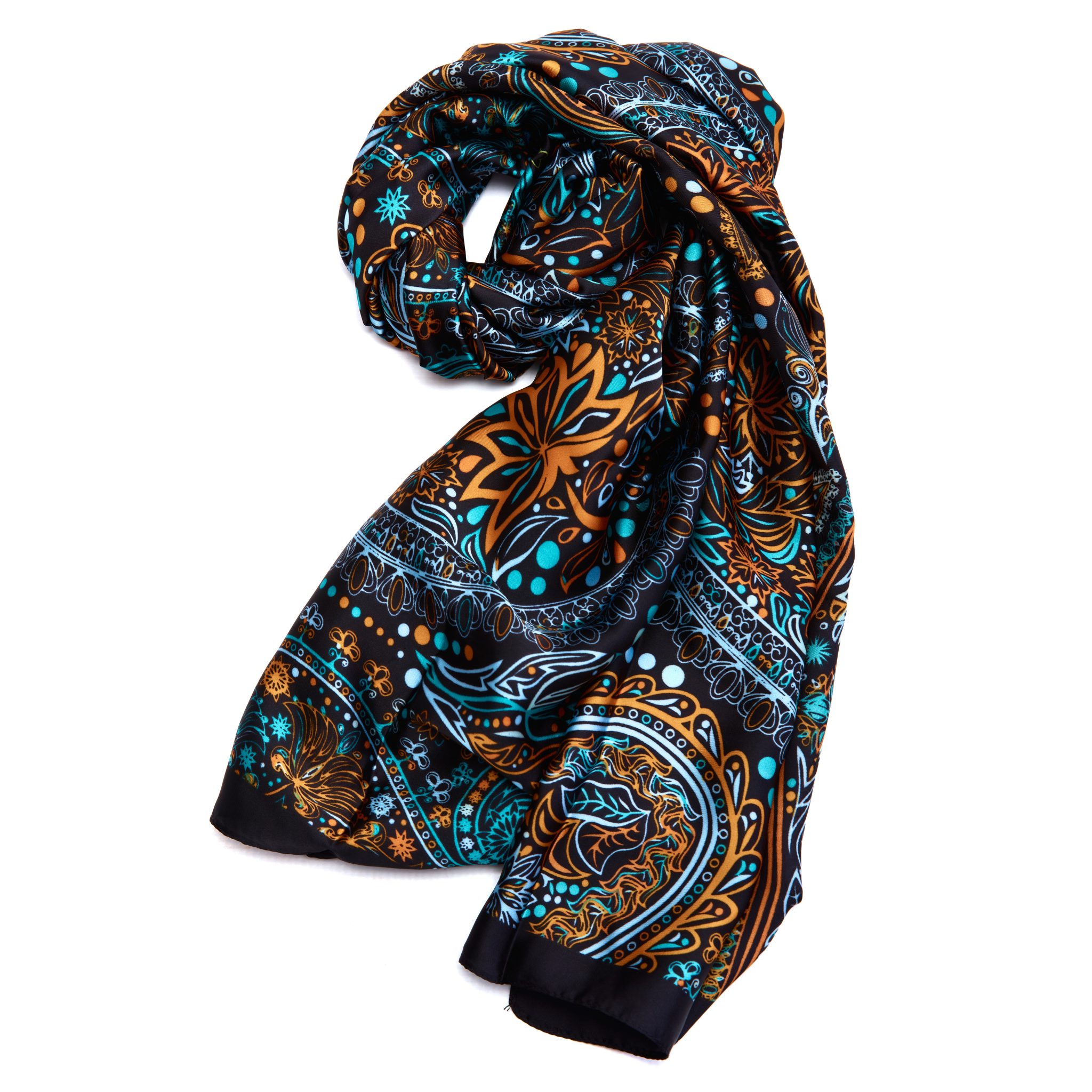 ZURI Nzuri Product Packshots-769 Duafe Black With Teal & Ochre Accents Silk Feel Scarf - Image 1